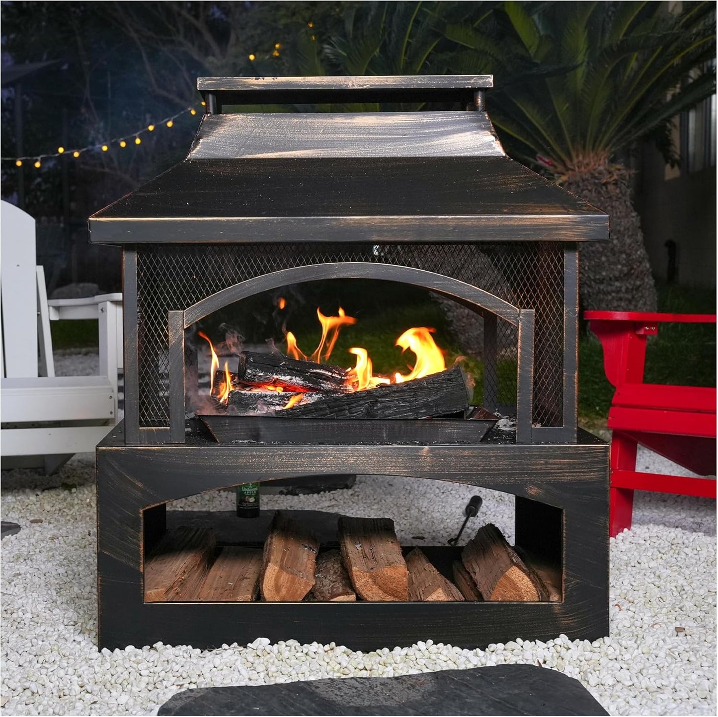 Red Mountain Valley 37in Outdoor Wood Burning Fireplace, Large Outdoor Fire Pit with Log Grate and Poker, Chimney Outside Fireplace with Firewood Racks Storage for Patio, Garden and Backyard