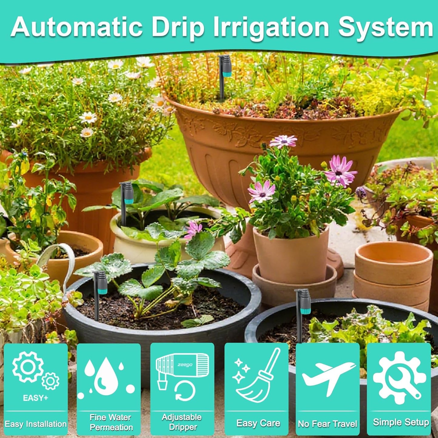 Zeego Automatic Drip Irrigation Set Universal Accessories, Including Adjustable drip Heads and Related Accessories.
