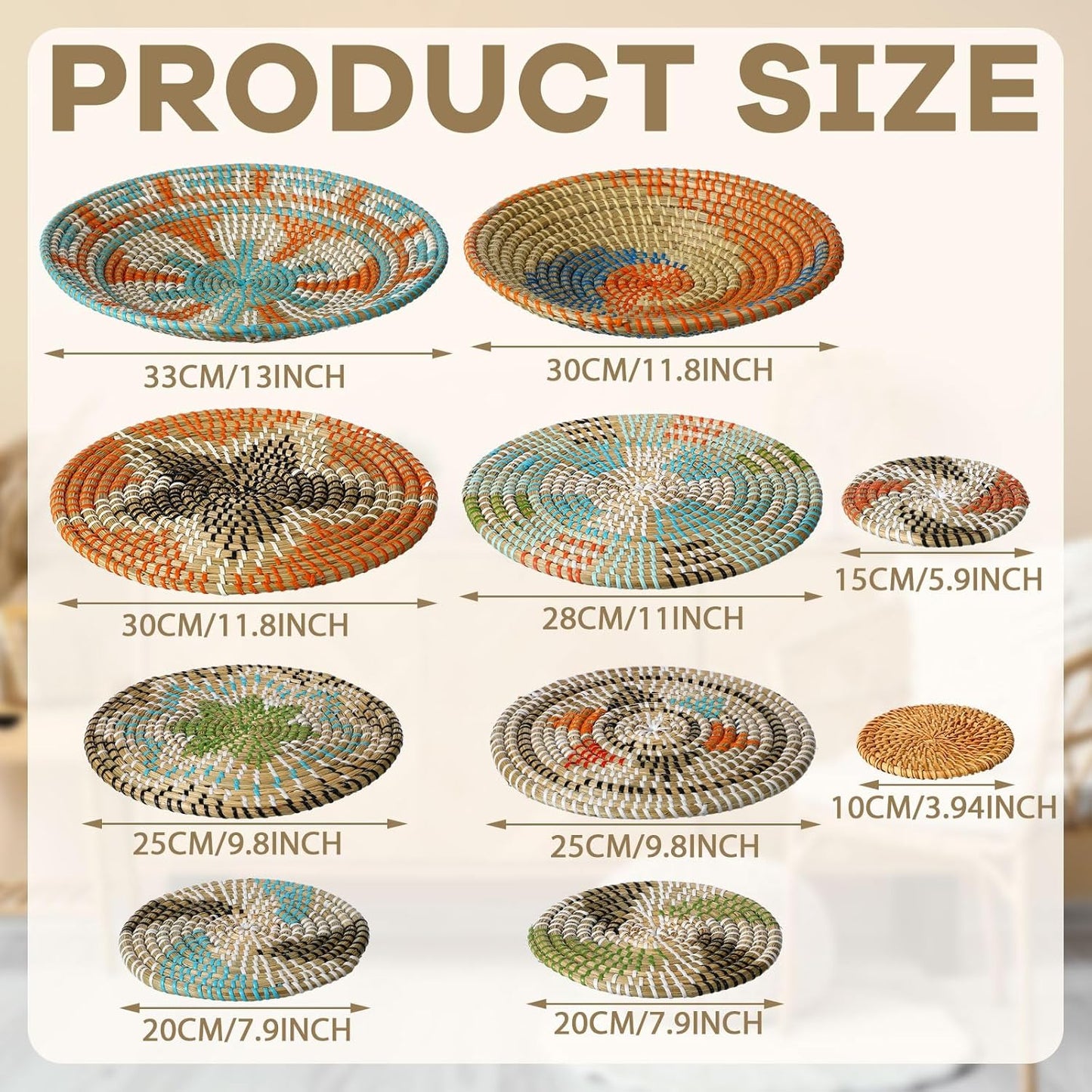 Tatuo 11 Pcs Boho Wall Basket Decor Decorative Bulrush Woven Basket Wall Decor Art Round Farmhouse Hanging Baskets for Kitchen Rustic Home Summer Decorations, Multi Sizes(Farmhouse)