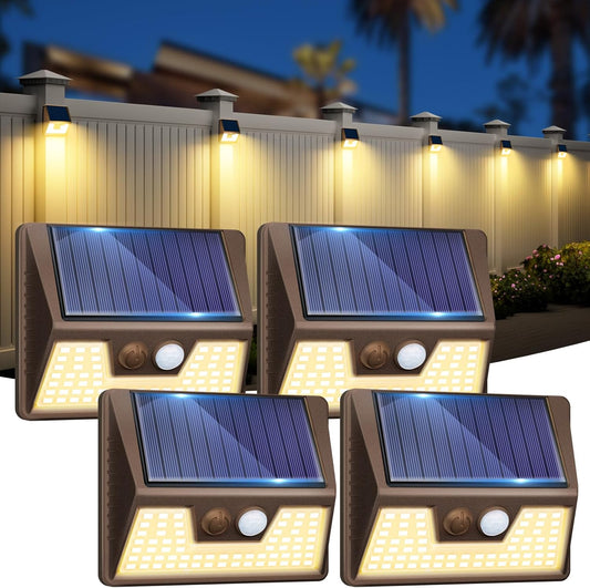 4 Pack Solar Fence Lights Waterproof, Motion Sensor Deck Outdoor, Warm White LED for Wall Yard Steps Stairs Garden - Brown
