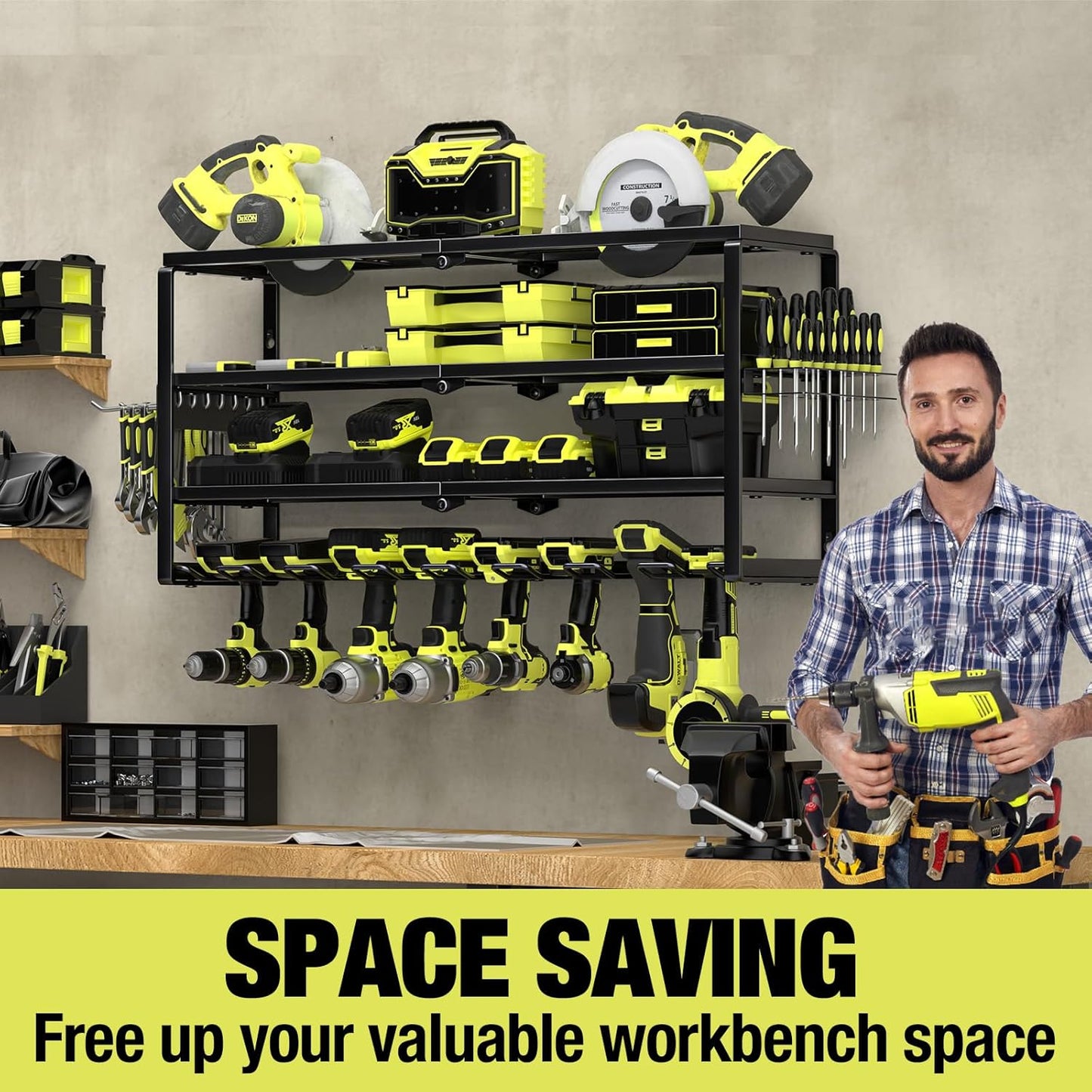 4 Layer Power Tool Organizer Wall Mount, Battery Tools Holder with Charging Station Shelf, Cordless Drill Hanger Storage Rack for Garage Organization, Workshop, Pegboard - 32 Inch 8 Slots