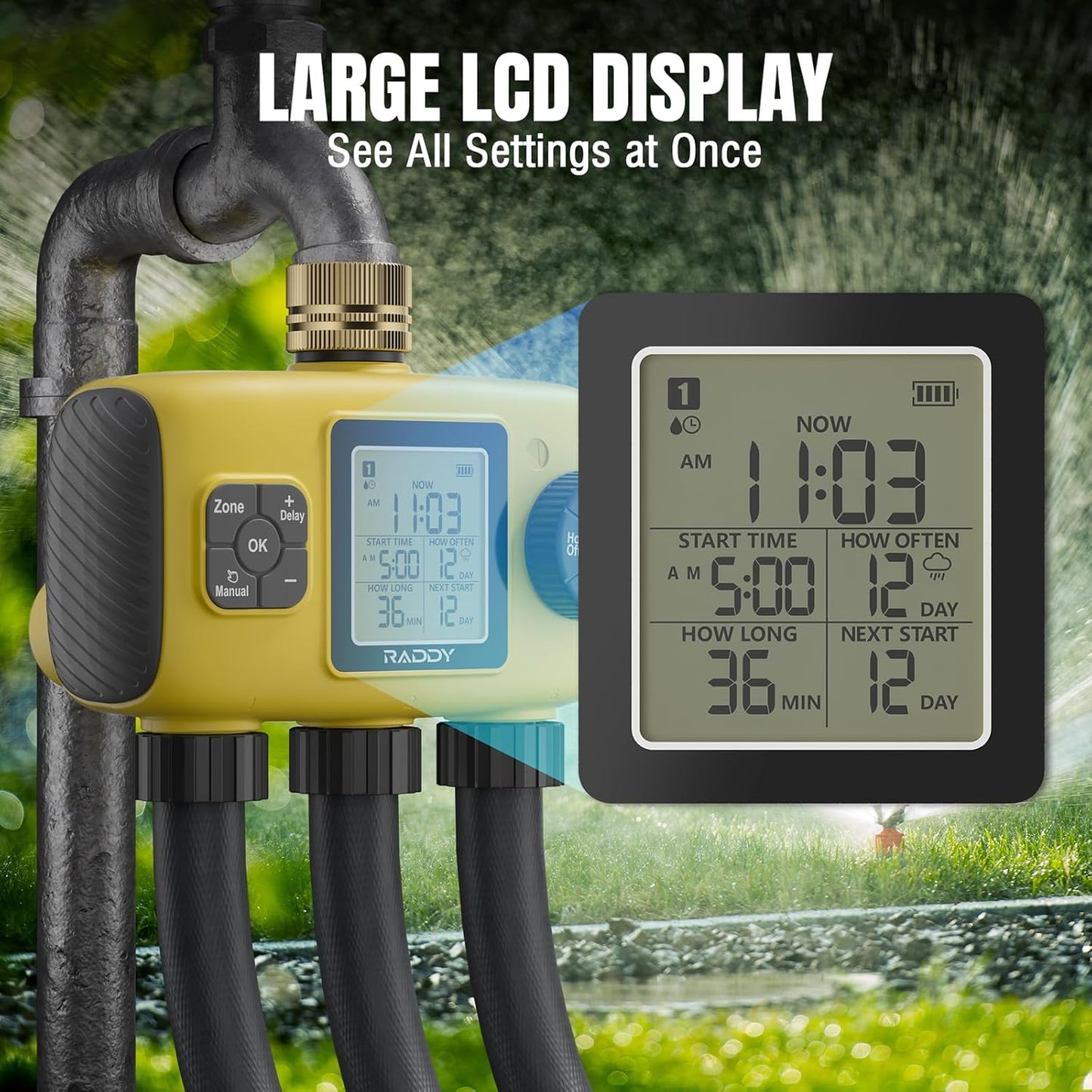 Raddy WS-8 Sprinkler Timer 3 Zone, Heavy-Duty Outdoor Irrigation Controller with Manual Watering, Rain Delay, High-Pressure 6V Valve, Fully Waterproof for Garden Yard, Yellow
