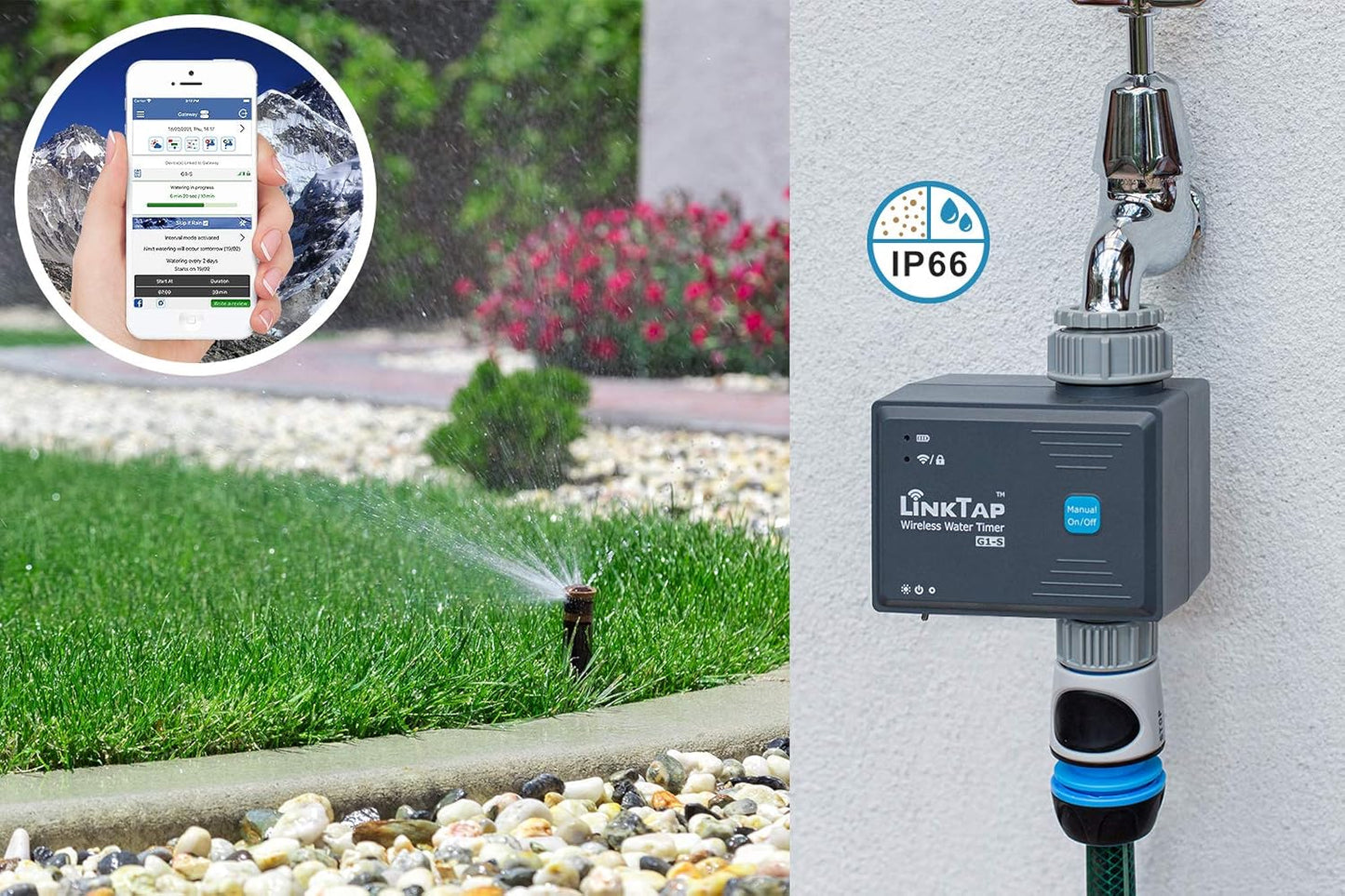 LinkTap G1S Wireless Water Timer & Gateway - Smart Sprinkler Timer with App, Remote Irrigation for Garden, Weather Aware, Greater Range than WiFi, Manual Control & Digital Lockout, 2 Year Battery Life