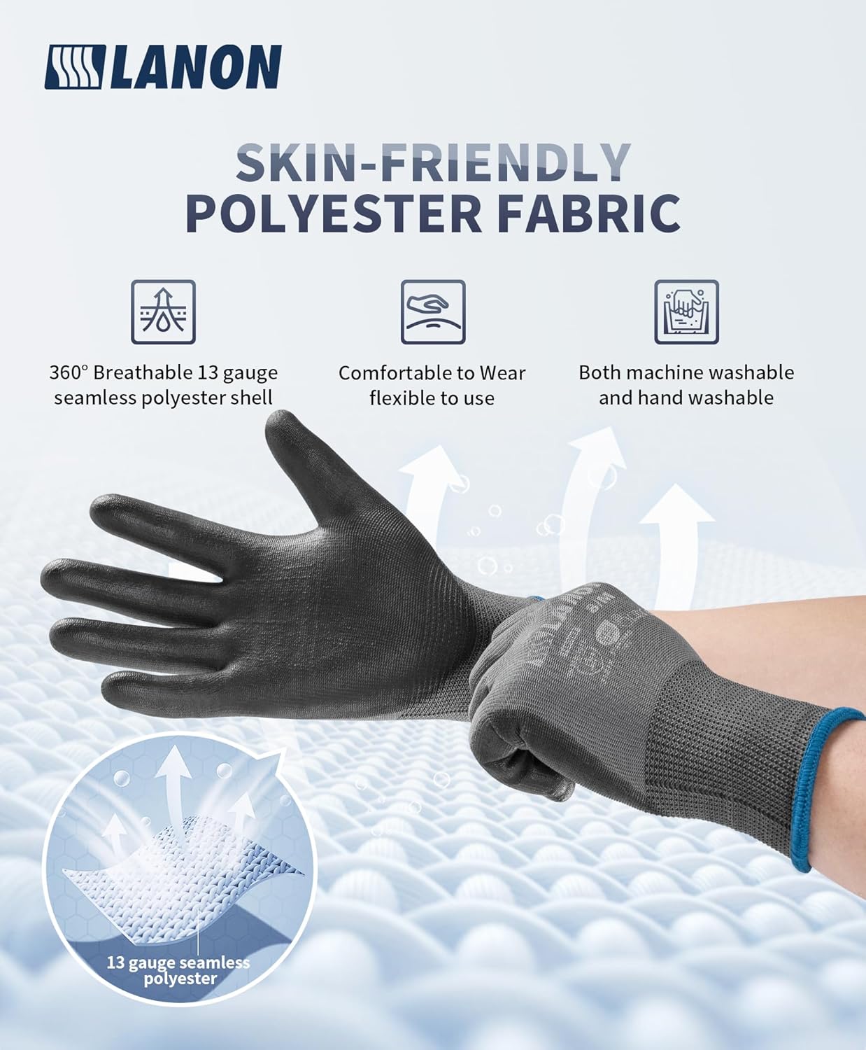 LANON 18 Pairs Safety Work Gloves, Mechanic Working Gloves for Men,Breathable PU Coated, Seamless Knit,Double Wash, Grey, X-Large