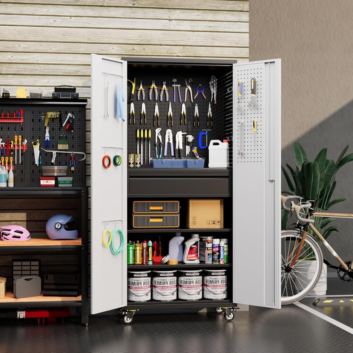 Metal Garage Cabinet with Wheels,71''H Rolling Lockable Steel Tool Storage Cabinet with Pegboard &1 Drawer for Garage,Home,Office,Black Gray, Assembly Required