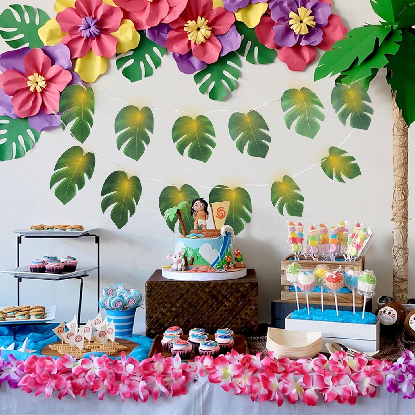 RECUTMS 20LED Monstera Leaf String Lights, Tropical Artificial Rattan Palm Leaves Wall Hanging Vine Greenery,Summer Decorations for Outdoor Indoor Hawaiian Luau Jungle Beach Theme Party Table Home