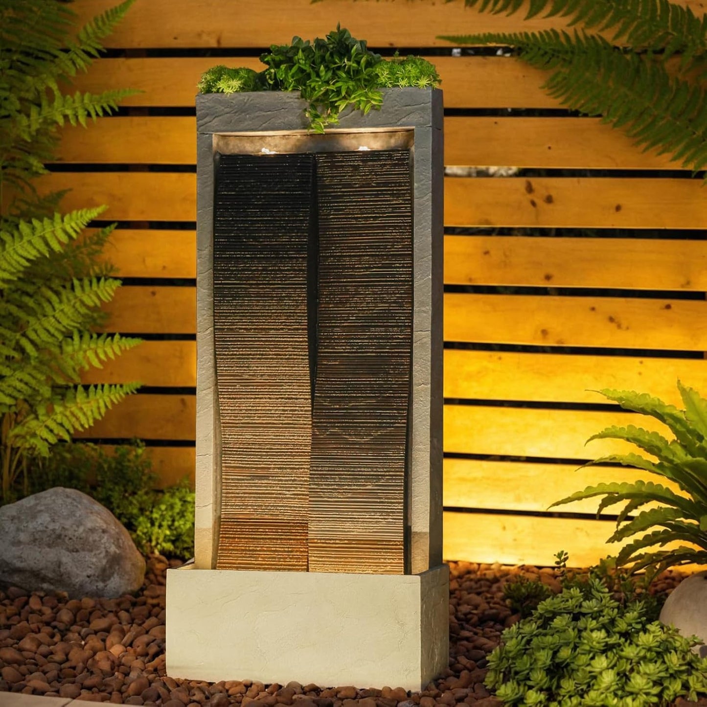 59" H Waterfall Fountain Large Outdoor Water Fountain Indoor for Garden, Patio, Backyard, Deck, Porch with LED Lights,Faux Slate Contemporary Water Fall