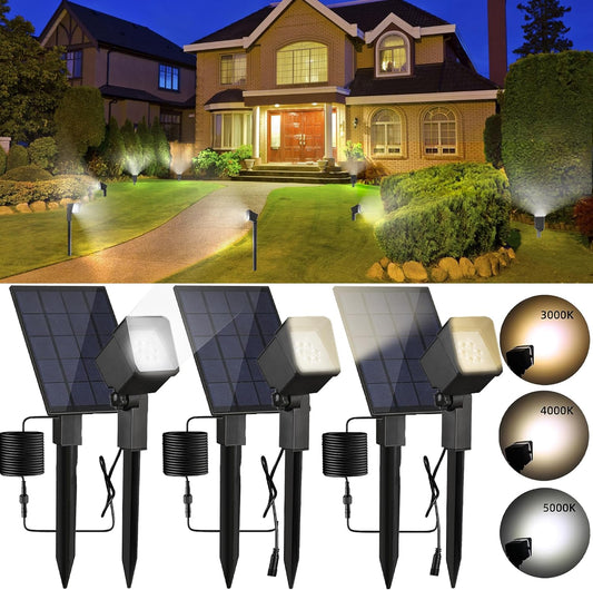 Solar Spot Light Landscape Lighting - 3 Pack of Outdoor Landscaping Light, 500 Lumen Garden or Accent Lighting for House or Trees, Dual Beam Angle, and 3 Light Colors,10ft Cable and Remote Solar Panel