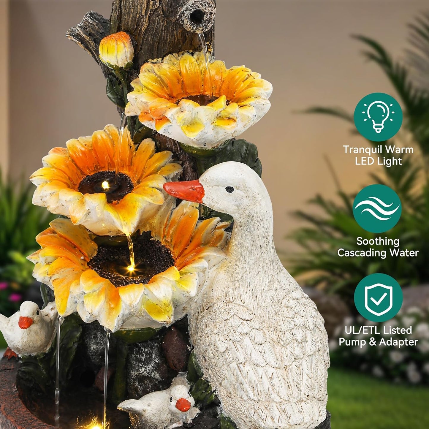 19.1" H Farmhouse Duck Garden Water Fountain with Sunflower, Indoor/Outdoor Freestanding, Soothing Cascading Waterfall with LED Lights, Decorative Water Feature for Patio, Yard, and Garden
