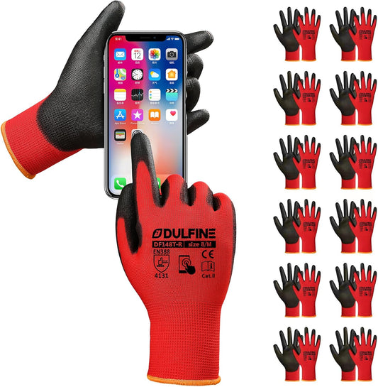 DULFINE Safety Work Gloves PU Coated for Men and Women-12 Pairs,Red Seamless Knit Glove with Two Fingers Touchscreen,Ideal for General Duty Work (Medium)