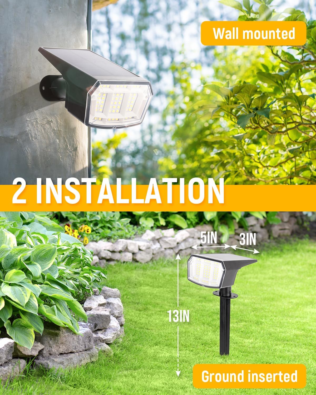 Solar Spot Lights Outdoor Waterproof Landscape Spotlights 63 LEDs 3 Lighting Modes IP65 Solar Spot Lights for Backyard, Outside, Garden, House, Garge-2 Pack Warm White