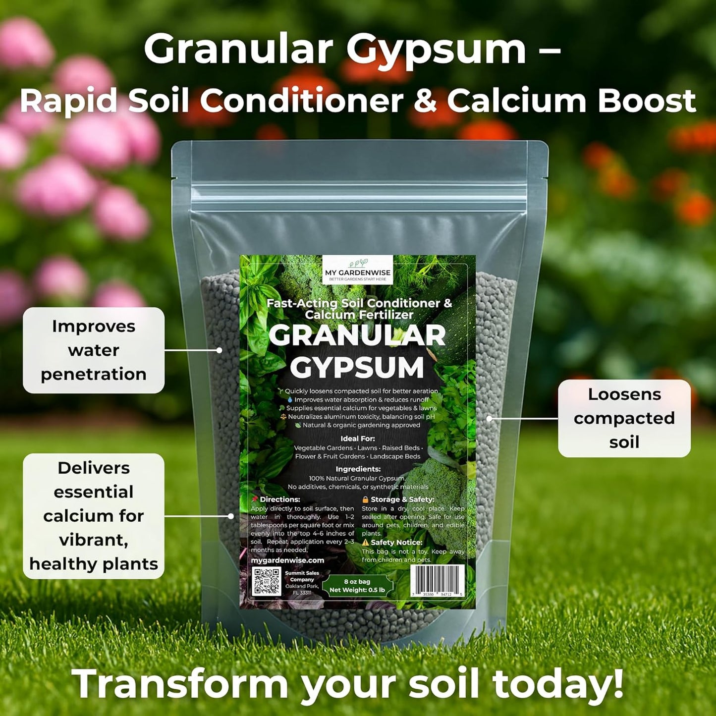 Gypsum for Soil - Calcium for Plants - Gypsum Fertilizer for Gardening, Lawn & Vegetables - Calcium for Garden (3 qts. - 6 lbs.)