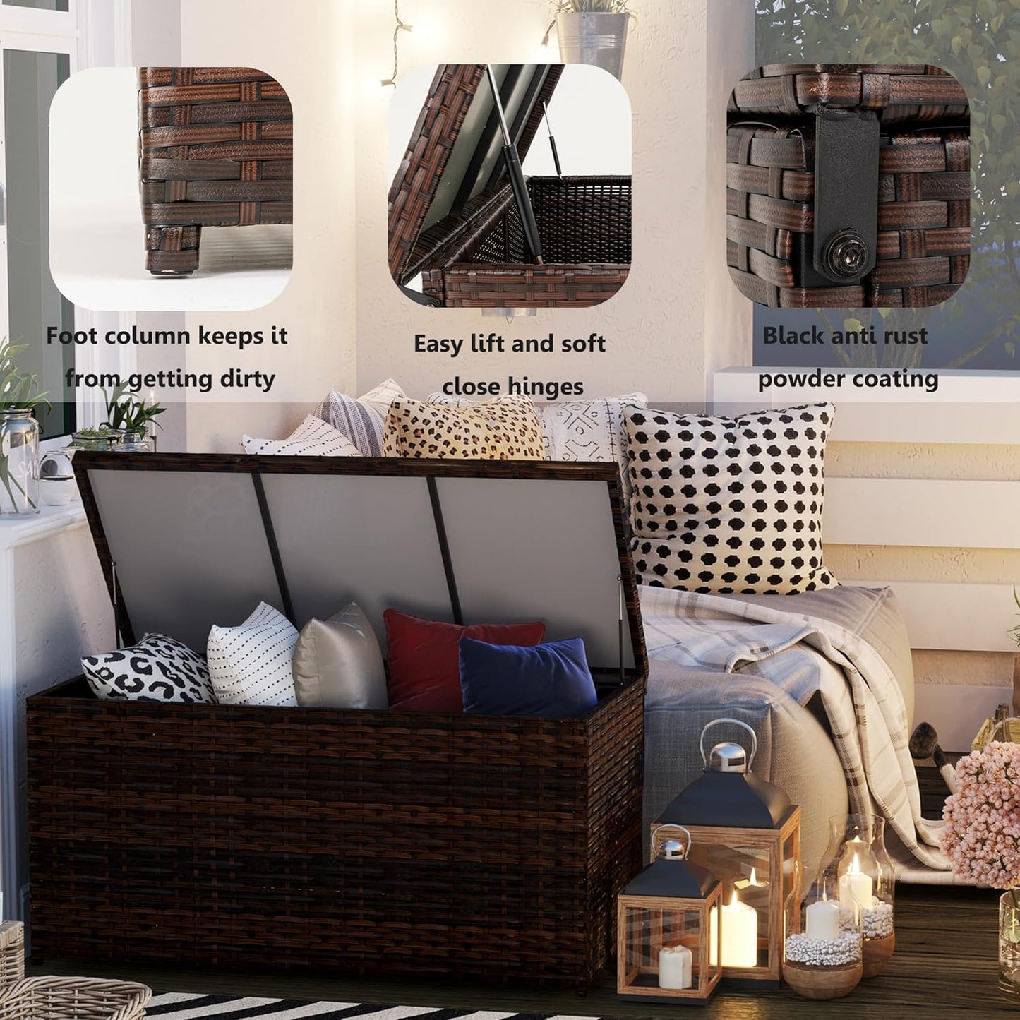 Outdoor 70 Gallon Wicker Storage Box with Waterproof Liner, Patio PE Rattan Storage Container for Outside, Deck Box with Hinged Lid for Cushions, Pillows, Towels, Horizontal Bin, Brown