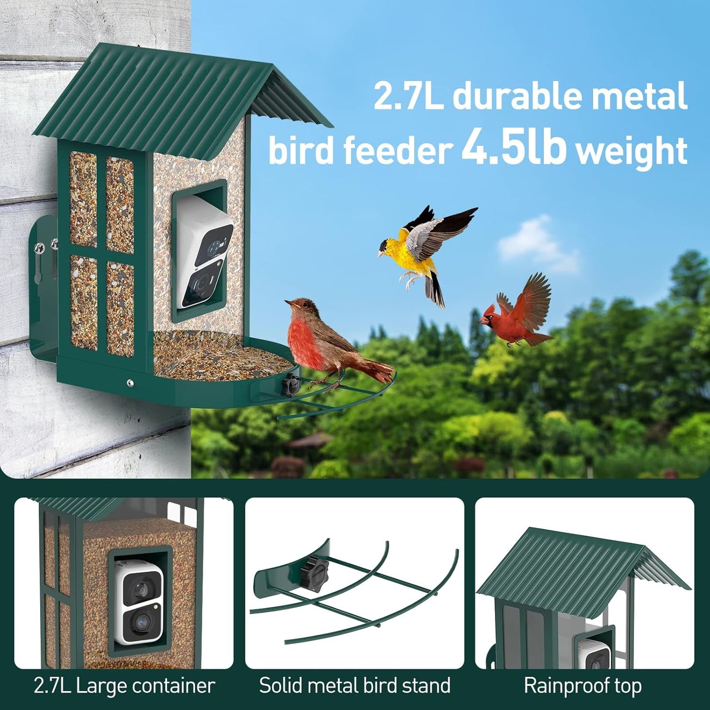 Soliom- Bird Feeder with Camera, 5W Solar Powered, AI Identify Species, Smart Wild Bird Watching, 2K Live View, Instant Arrival Alerts,Large 2.7L Seed Capacity, Metal Squirrel Chew-Proof - BF08 Green