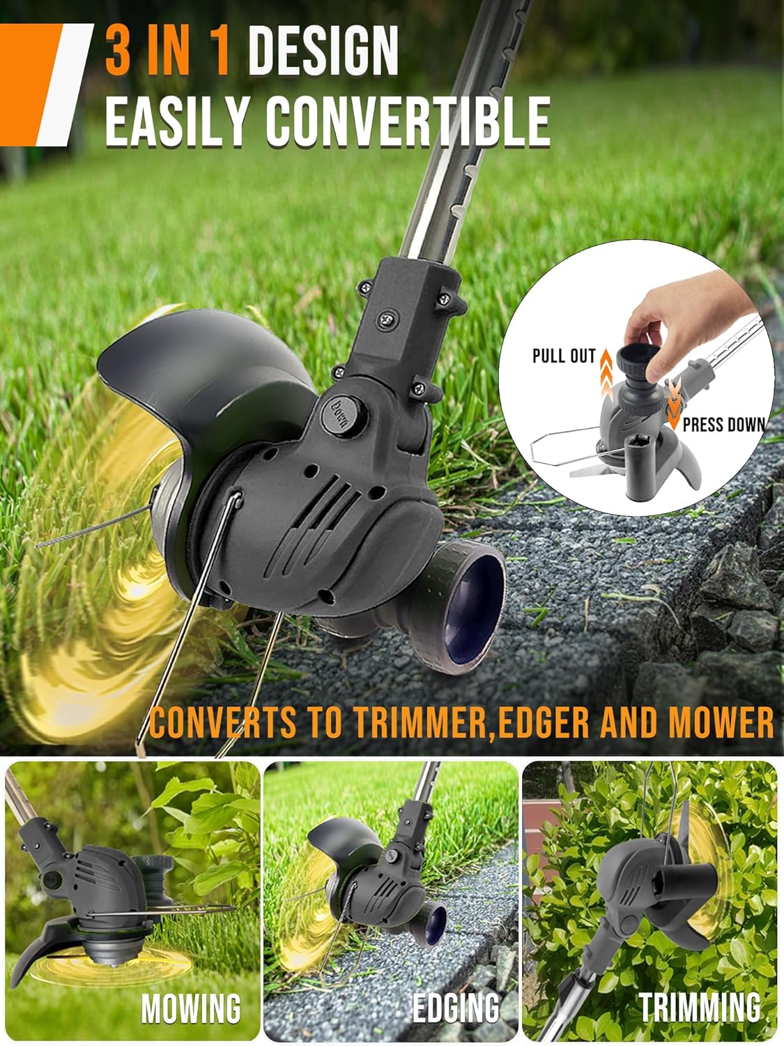 Electric Weed Wacker Cordless, 21V Battery Powered Weed Cordless Eater with 2 * 2.0Ah Batteries and Charger, 3 in 1 Stringless Grass Trimmer/Brush Cutter/Edger, 4 Types 26Pcs Blade for Garden Yard