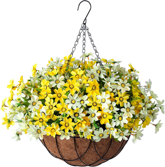 Artificial Silk Flowers Hanging Baskets Outdoors,Chrysanthemum with Eucalyptus Leaves Arrangement for Garden Yard Decor,Faux Plant in Metal Coconut Lining Flowerpot(Yellow)