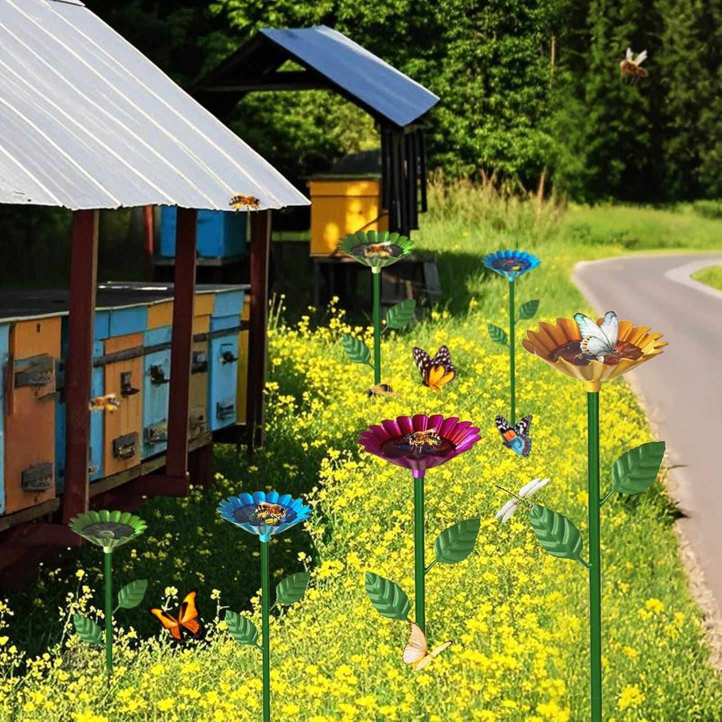4 Pack Bee Watering Station, Bee Baths for Garden with Glass Marbles, Colorful Metal Butterfly Bird Water Feeder Supplies for Outdoor Garden Yard Farm Decor Flower Design (Green,Red,Blue,Yellow)