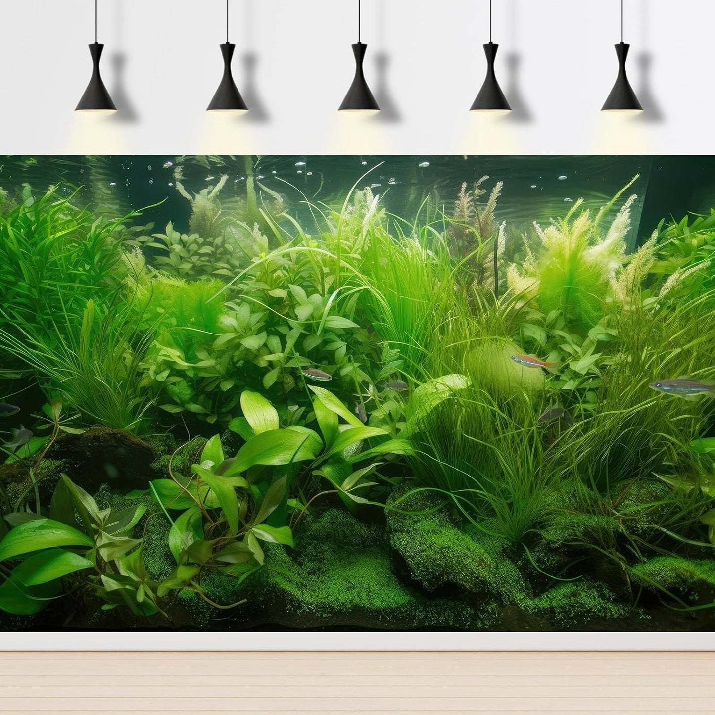 Aquarium Background Diverse Collection of Aquatic Plants Seagrasses Terrarium Background Redwood Root Moss Tropical Style Underwater Lush Green Plants Fish Tank Background Wallpaper Poster 24x12in