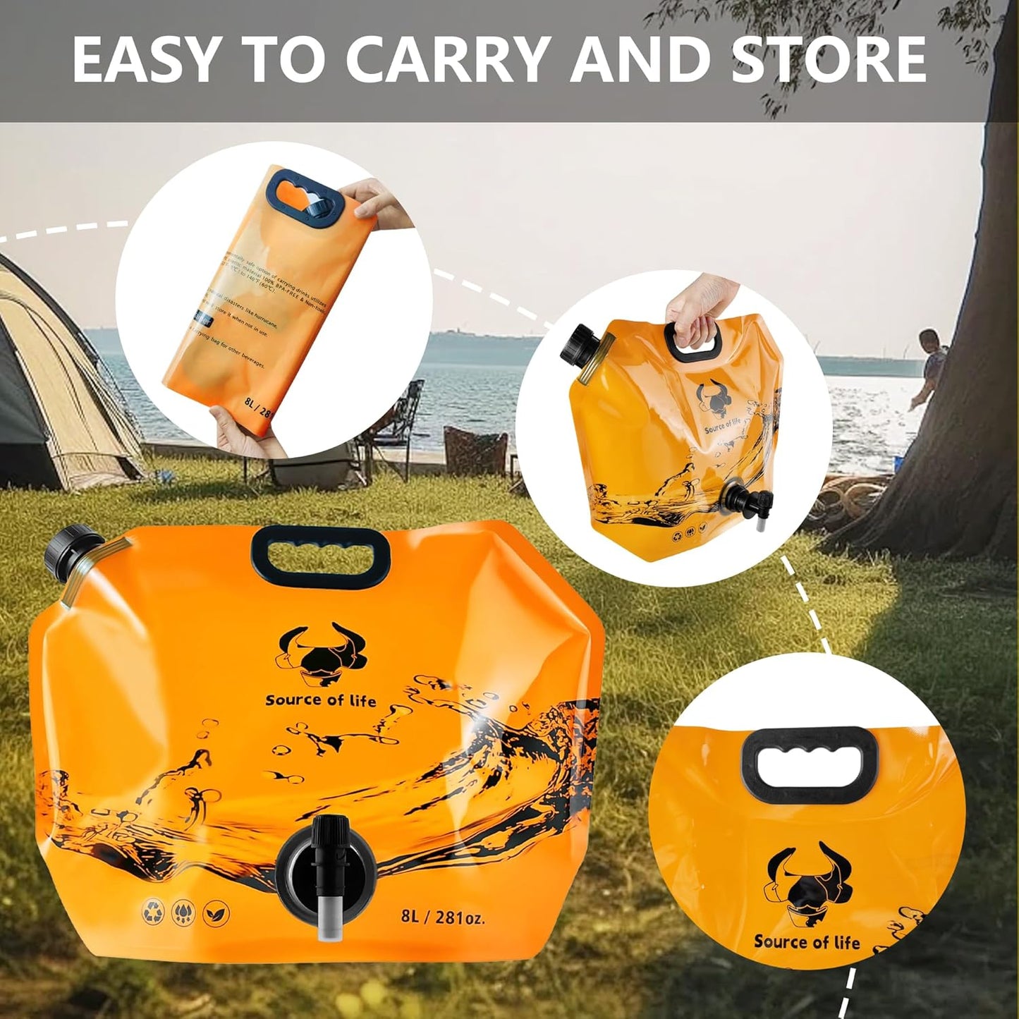 Collapsible 8L Water Storage Bag, BPA-Free Portable Folding Water Jug with Adjustable Faucet, Leakproof Emergency Water Bag for Camping, Hiking, Riding, Outdoor Sport (Orange, 1)