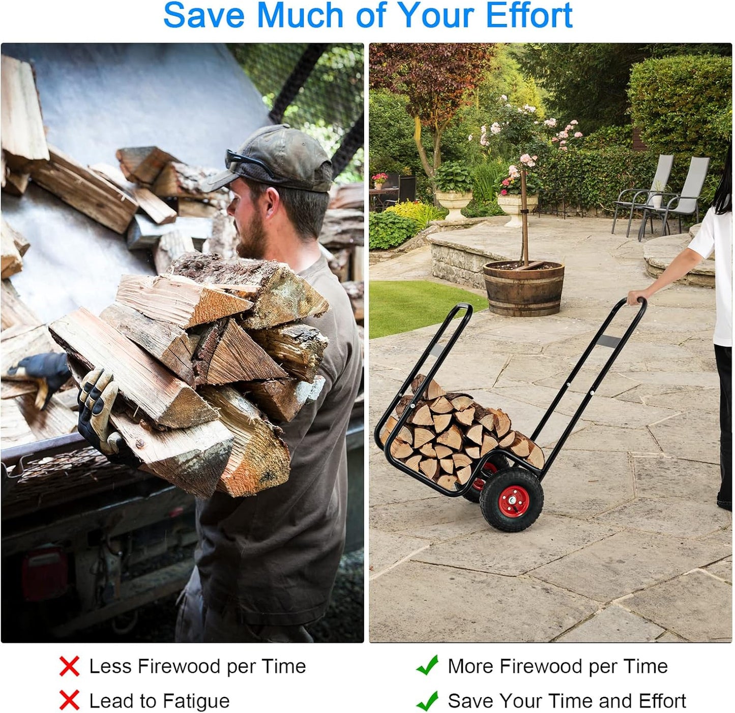 S AFSTAR Firewood Cart with Wheels, Heavy-Duty Steel Wood Log Carts w/Shockproof Wheels & Portable Handle, 3.6ft/44“H Rolling Firewood Log Carrier, Wood Storage Rack Mover, 220 lbs Weight Capacity