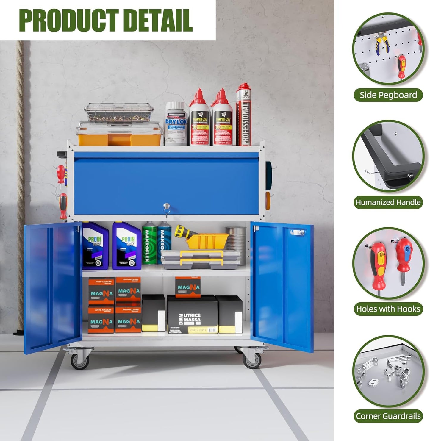 Metal Storage Cabinet on Wheels with 1 Drawer, Rolling Steel Garage Tools Cabinet with Side Pegboard &4 Hooks & 1 Adjustable Shelf for Garage,Shop,Home, Blue/Gray, Assembly Required