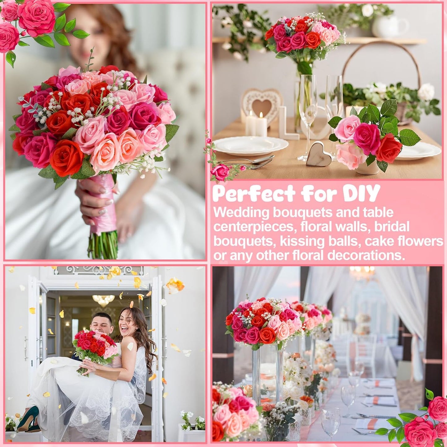 36 Pcs Mixed Pink Red Artificial Roses with Long Stems, Fake Silk Rose Artificial Flowers Bulk for Bridal Wedding Bouquet Centerpiece Ball Arrangement Party Decor