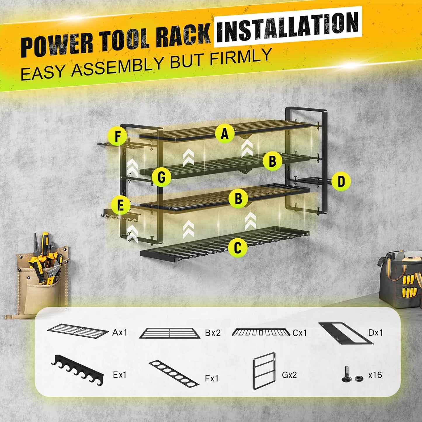 Power Tool Organizer Wall Mount - 400Lbs Load 4 Layers Storage Rack with 8 Drill Holders for Drills Cordless Tools. Heavy Duty Iron Garage Tool Organizer Storage for Workshop Shed Pegboard Basement