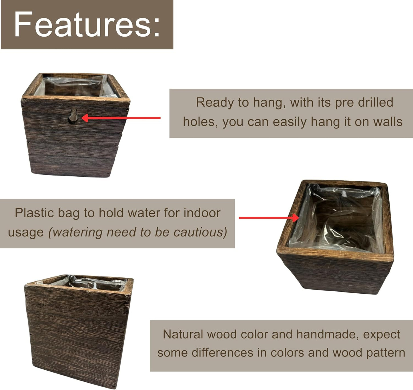 LaLaGreen Wood Planter Boxes (4x4 Inch, 4 Pack) Small Square Wooden Wall Mounted Flower Pot for Indoor Plants, Window Box Mount Hanging Herb Planters Outdoor Plant Holder Vertical Garden Home Decor