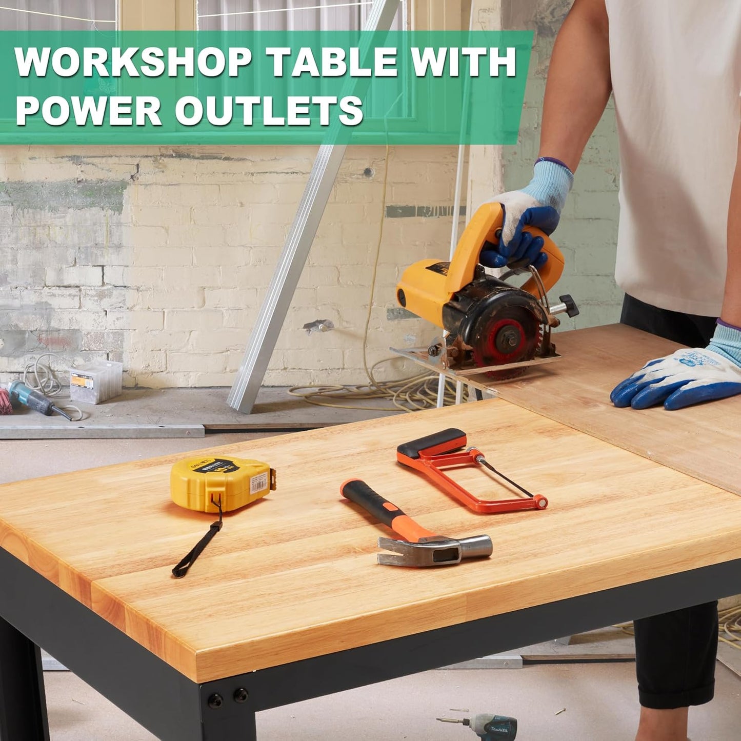 HABUTWAY Height Adjustable Workbench, 60"x20" 2000 Lbs Capacity Solid Wood Work Station Heavy-Duty, with Power Outlets, for Garage Party Shop Office