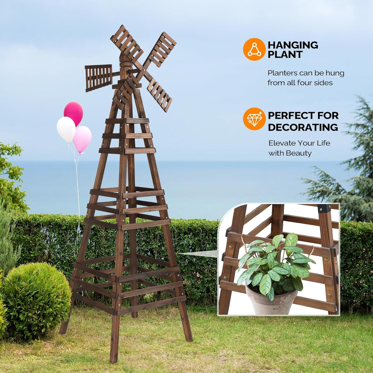 VINGLI Outdoor Yard Windmill, Wooden Wind Spinner for Garden Lawn Yard Patio Decoration (Carbonized Wood, Large)