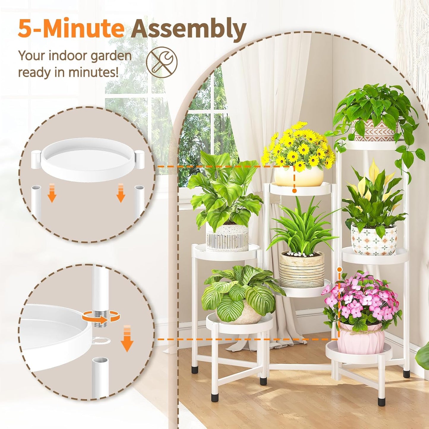 LASZOLA 7 Tiered Folding Plant Stand Indoor for Multiple Large Planter, Tall Heavy Duty Adjustable Rack with Rust Proof 10 Inch Wide Tray, Sturdy Vertical Tree Organizer for Narrow Inside Floor, White