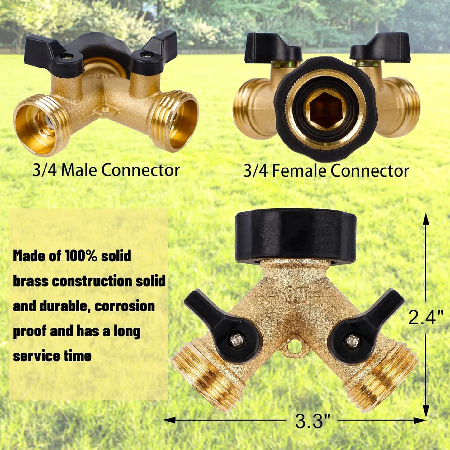 Biswing Garden Hose Splitter 2 Way, Heavy Duty Brass Connector Tap Splitter, Y Splitter 2 Valves with 2 Extra Rubber Washers