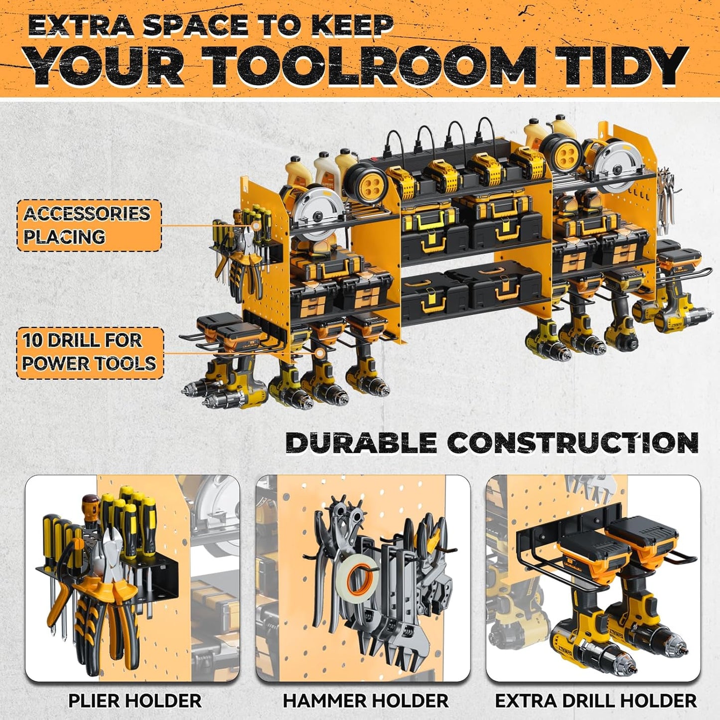 Upgrade Large Power Tool Organizer Wall Mount with Charging Station Tool Storage Rack with 6.5FT Power Strip 10 Drill Holder and Storage Rack for Garage Organization