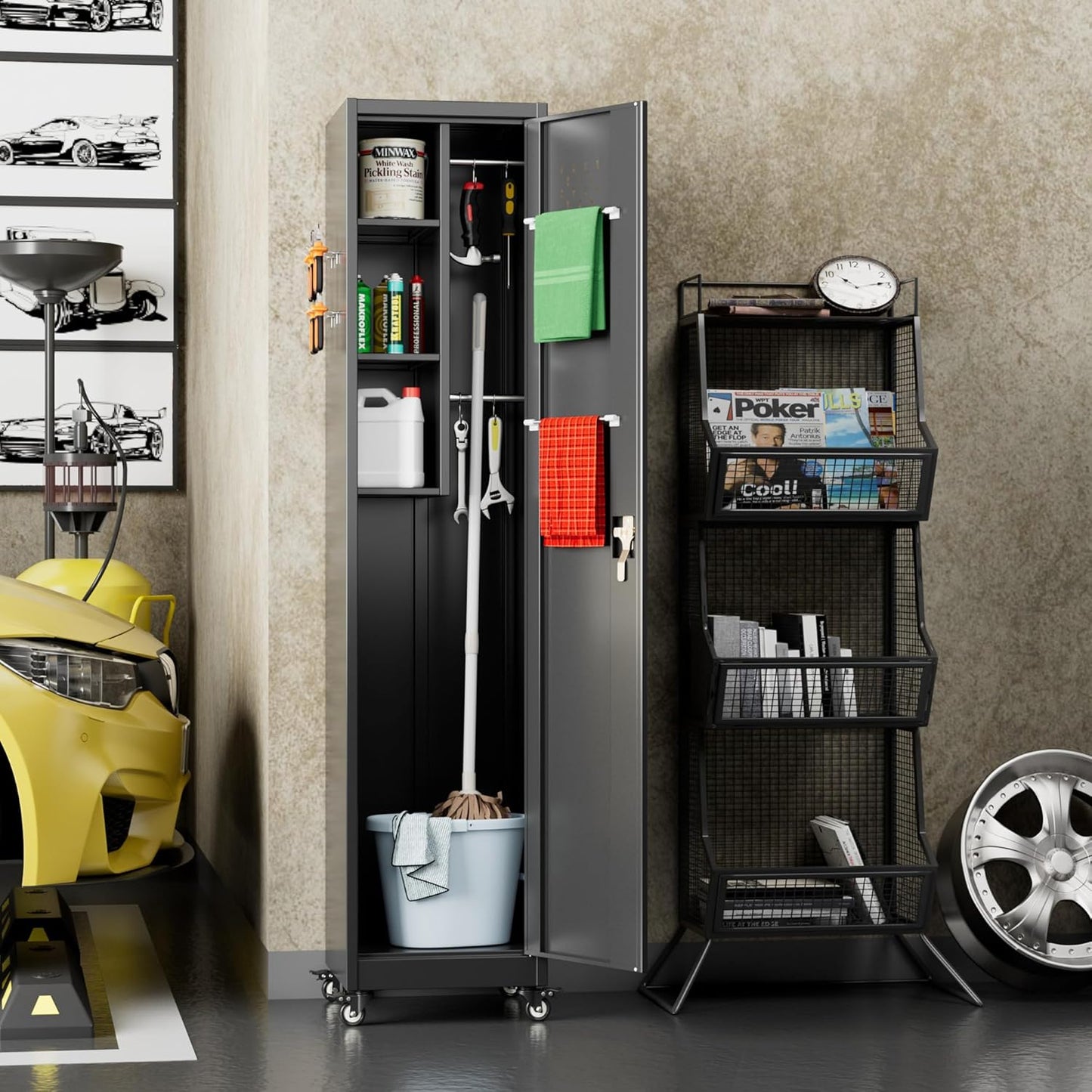 72''H Metal Broom Closet Storage Cabinet with Wheels & Pegboards, Mops Broom Closet Organizer with Locking Door & Hanging Rod,Cleaning Tool Garage Storage Cabinet,Assembly Required,Black