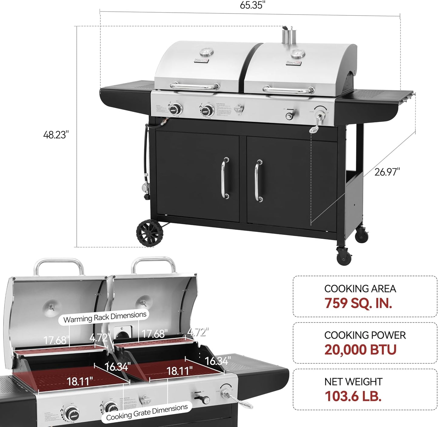 Royal Gourmet ZH3002N Propane Gas and Charcoal Grill Combo, Dual Fuel BBQ Grill with 2 Side Shelves for Outdoor Patio Garden Backyard Barbecue, 20,000 BTUs, Silver & Black