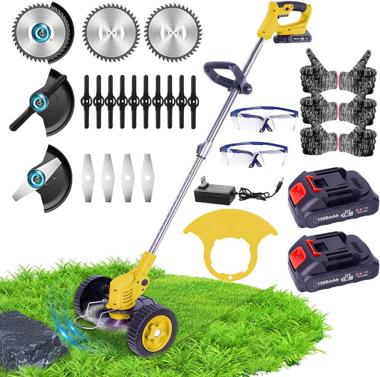 Weed Wacker Cordless Adjustable Weed Eaters 3 in 1 Electric String Trimmer Lawn with Two Battery with Charger Comes with Multiple Blades for Yard,Green,Garden(Yellow)