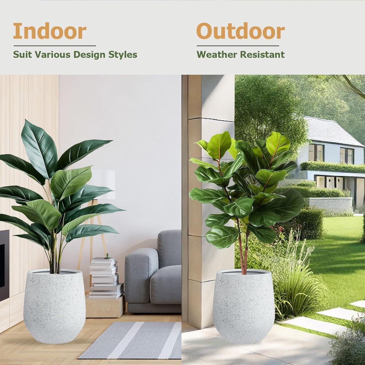 21" H x 19" D Ribbed Corso Fiberstone Round Planter with Drainage Hole, Weather Resistant for Indoor and Outdoor Use, Included 2 Extra Coco Mats (Ribbed Speckled White, 15" Pot Opening)