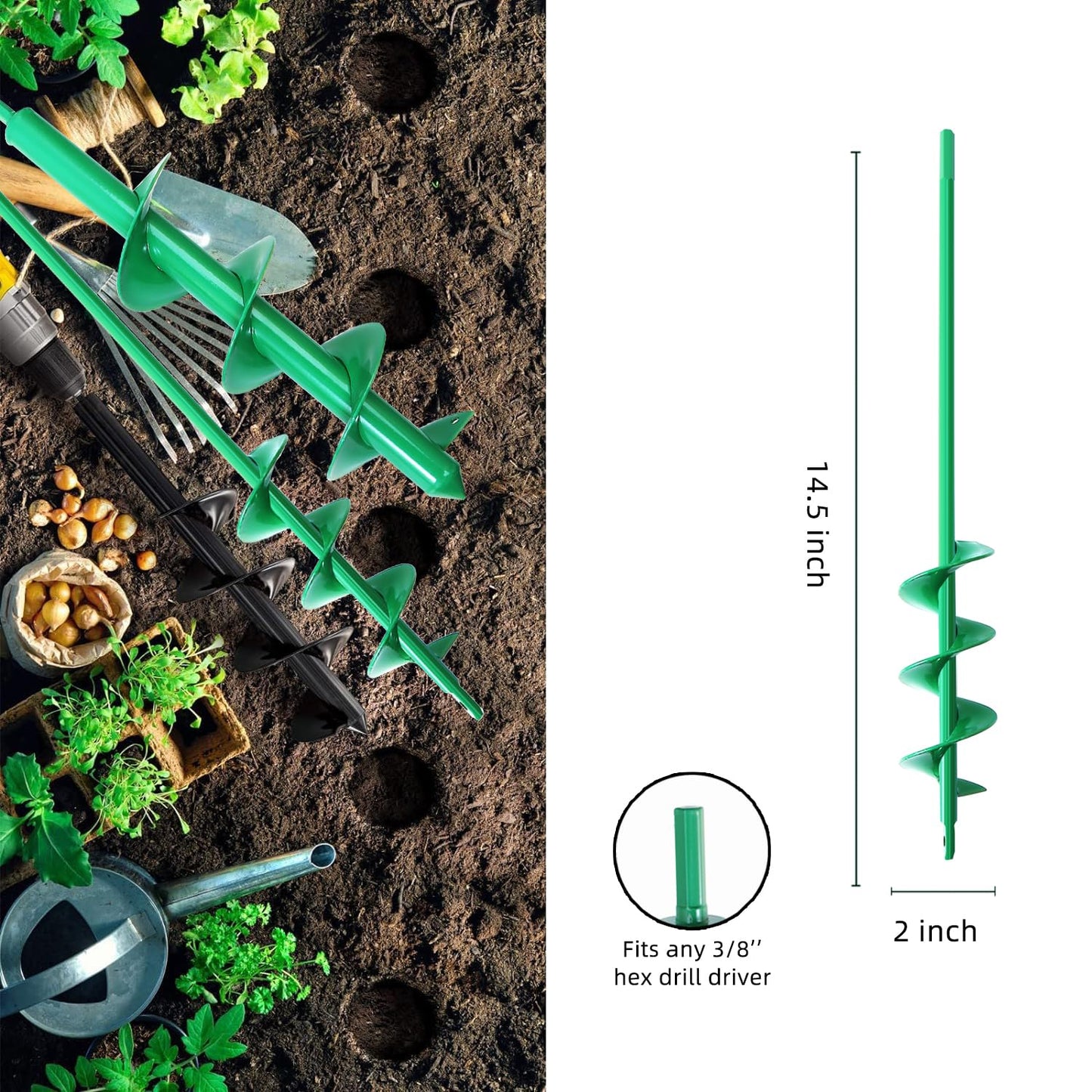 Auger Drill Bit for Planting 2x14.5'', Ground Soil Spiral Bit for 3/8" Hex Drive, Yard Auger for Bulbs, Hole Digger, Umbrella Holes, Bedding Digging Planter Tool