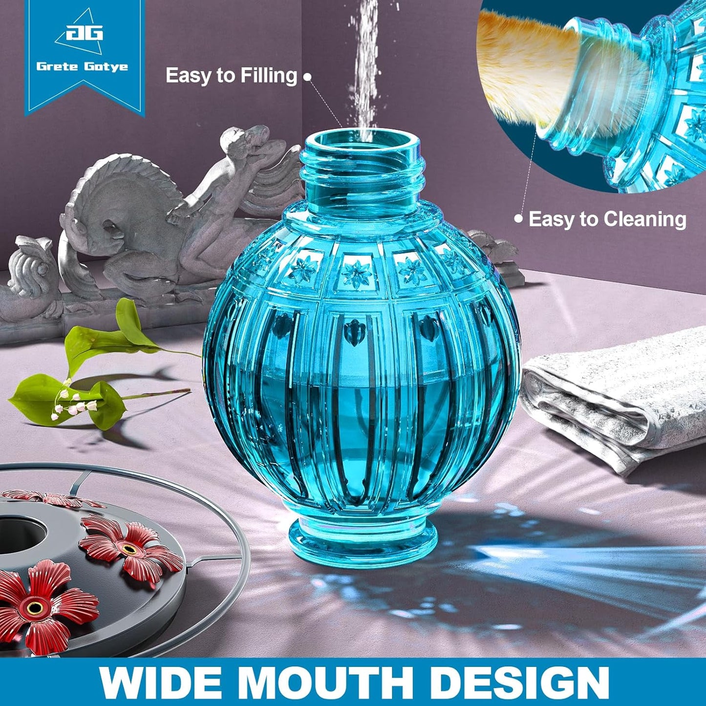 Glass Hummingbird Feeder for Outdoors Hanging, 26Oz Bird Nectar Feeder with Perch & 5 Flower Feeding Ports, Leak Proof for Outside Garden Decor Backyard, Gifts for Women Mom, Blue