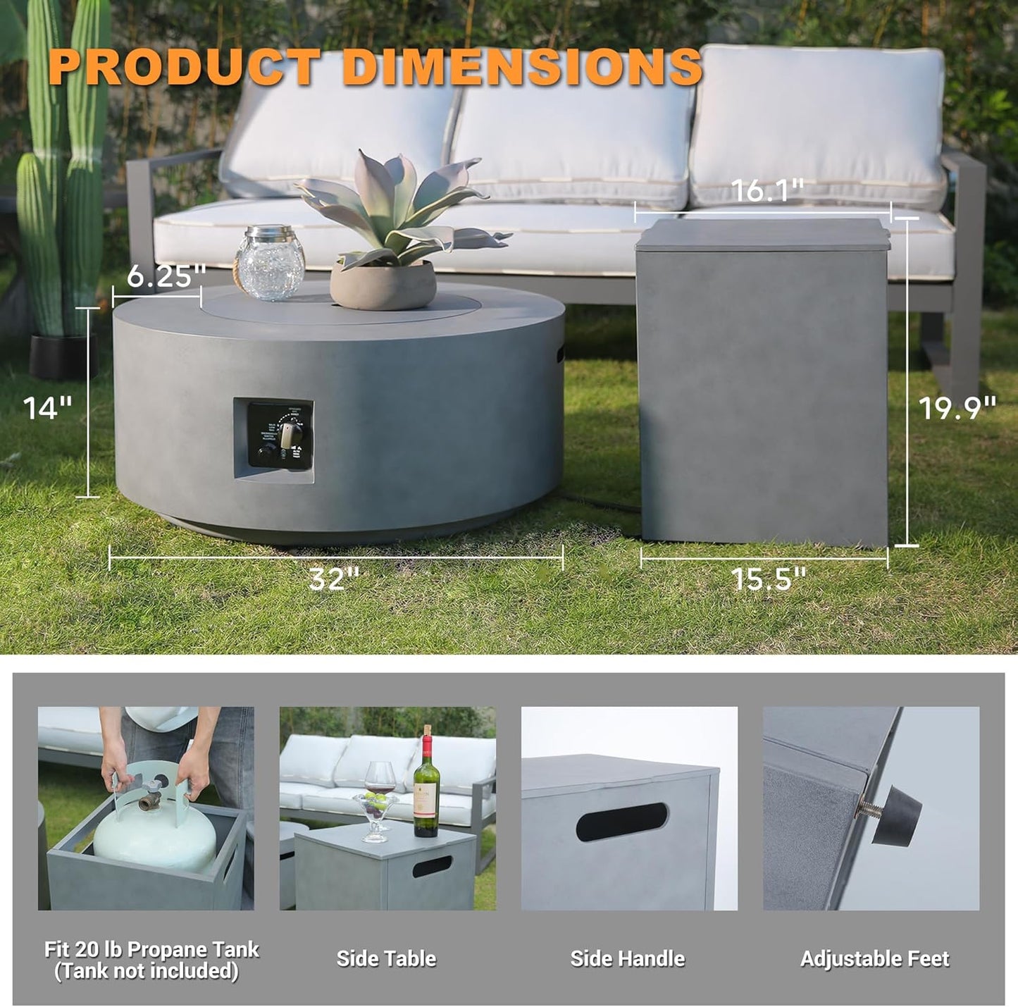 32 Inch Fire Pit Table, 3-Piece Outdoor Propane Fire Pit Table 65,000 BTU Round Gas Firepit, Wind Guard, 16 inches Tank Side Table and Baking Sheet for Garden, Patio, Grey