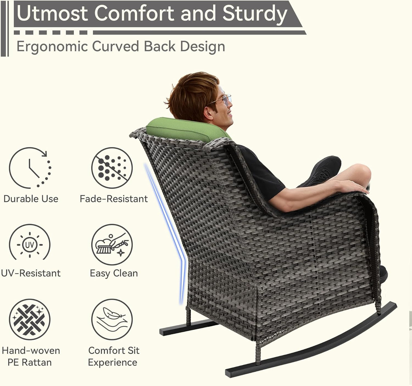 1 PC Outdoor Rocking Chair, Wicker Patio Rocker Chair for Yard, Porch, Mixed Brown Grey Rattan, Green Cushions