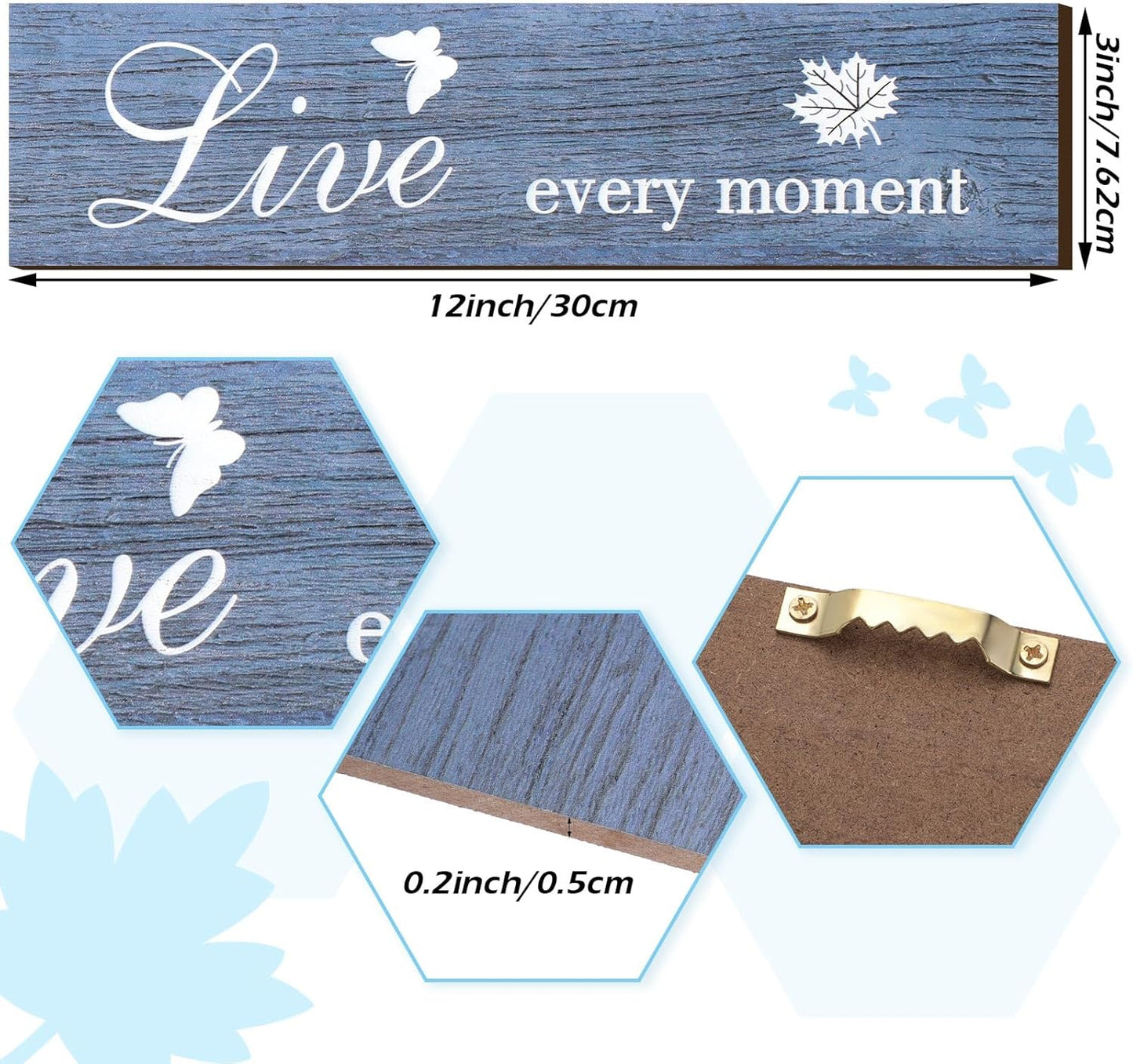 Jetec 3 Pieces Rustic Wood Sign Wall Decor Live Love Blessed Family and Love Quote Sign Farmhouse Wall Mount Decoration for Home Kitchen Living Room, 12 x 3 x 0.2 Inch(Blue Series,Classic)