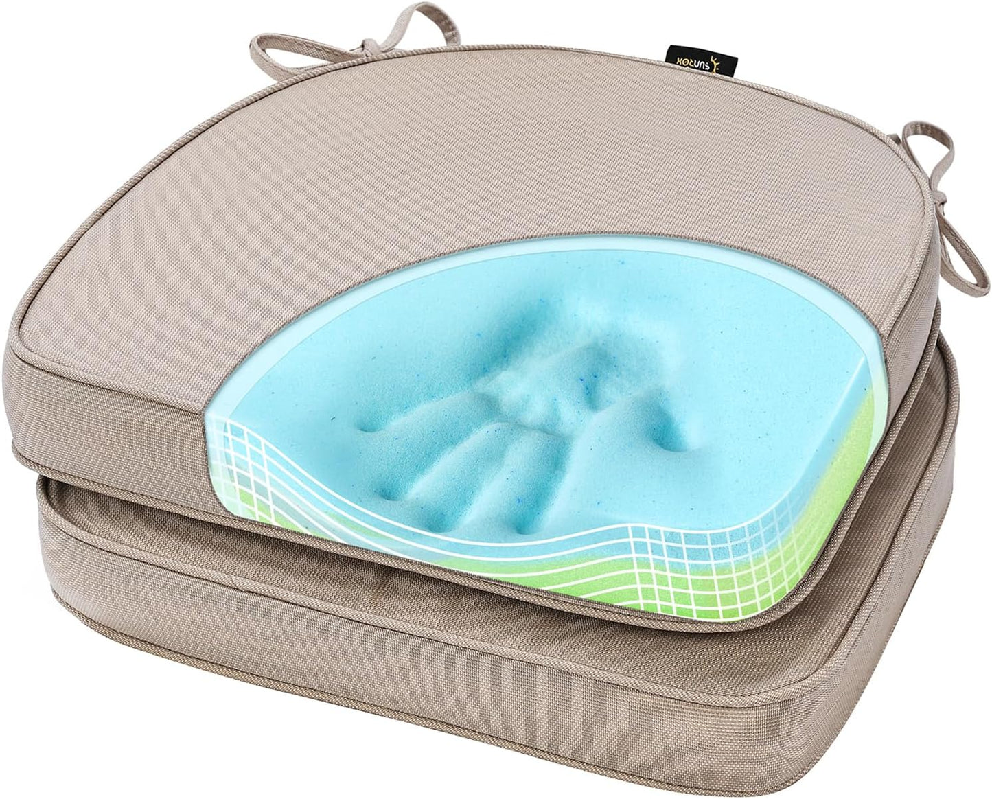 SUNROX Gel Memory Foam Chair Cushions, FadeShield Water-, Stain-Resistant Durable Reversible Seat Cushion Pads with Ties for Indoor/Outdoor Kitchen Dining Office, 19"x19", Set of 2, Husk Birch