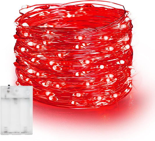 Dazzle Bright Fairy Lights Battery Operated, 20 FT 60 LED Silver Wire Waterproof Battery Operated String Lights, Christmas Decorations for Indoor Outdoor Bedroom Yard Decor, Red
