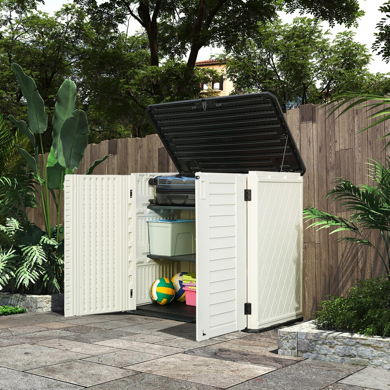 HOMSPARK Storage Shed Weather Resistance, Multi-Purpose Outdoor Storage Cabinet for Backyards and Patios, 26 Cu.ft Capacity Horizontal Storage Shed for Bike, Lawnmower, Trash Cans, Patio Accessories