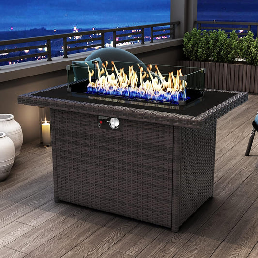 44 Inch Propane Gas Fire Pits Table for Outside Patio, 60000 BTU Rectangular Outdoor Wicker Rattan Fire Pit with Glass Wind Guard