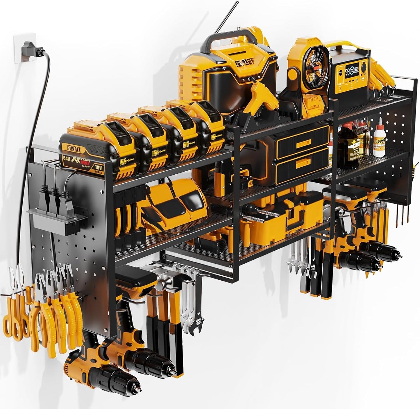 Power Tool Organizer with Charging Station Wall Mount, 3 Layer Expanded Heavy Duty Garage Organization, 48.8 Inch Length Garage Tool Storage, 4 Drill Slot, 16" Standard Hole, Black