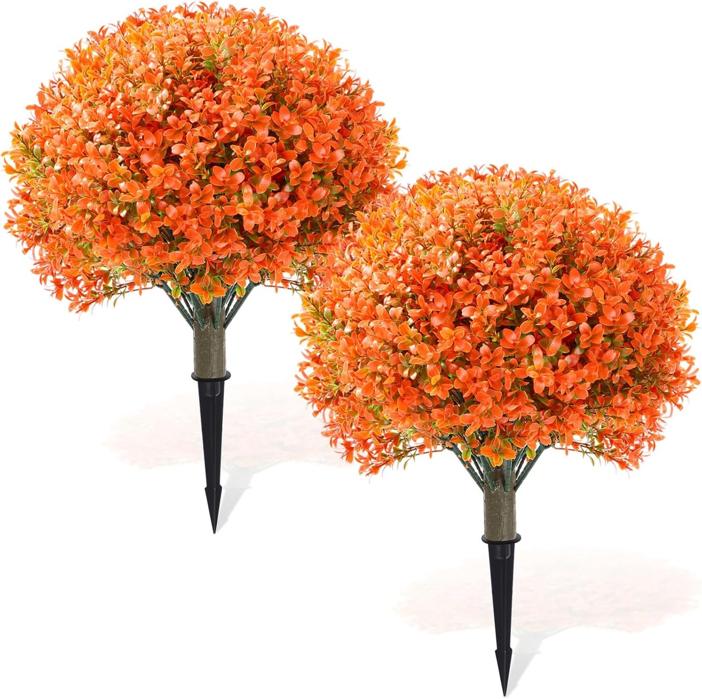 Yunlly 2 Pack 18" Artificial Boxwood Ball Bush Topiary Trees Fake Outdoor Plants, Realistic UV Resistance Faux Shrubs with Spike Greenery Topiary for Front Porch Garden Yard Patio Indoor (Orange)