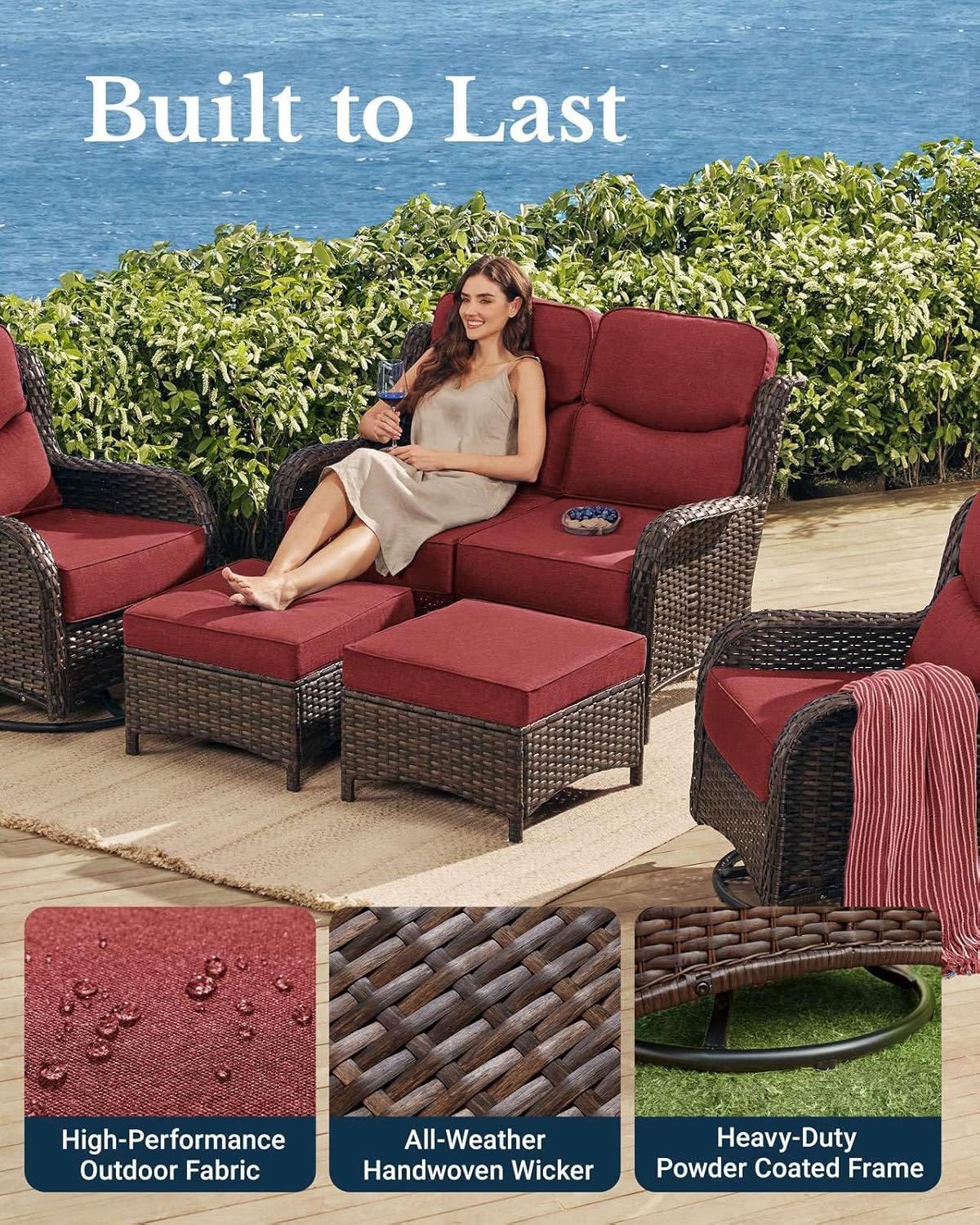HILLGA Luxury Patio Furniture Set with 6-inch Thick Cushion, Outdoor Loveseat and High Back Swivel Rocker Patio Chairs, 6PCS Wicker Conversation Set for Deck Yard and Poolside, Burgundy (V2)