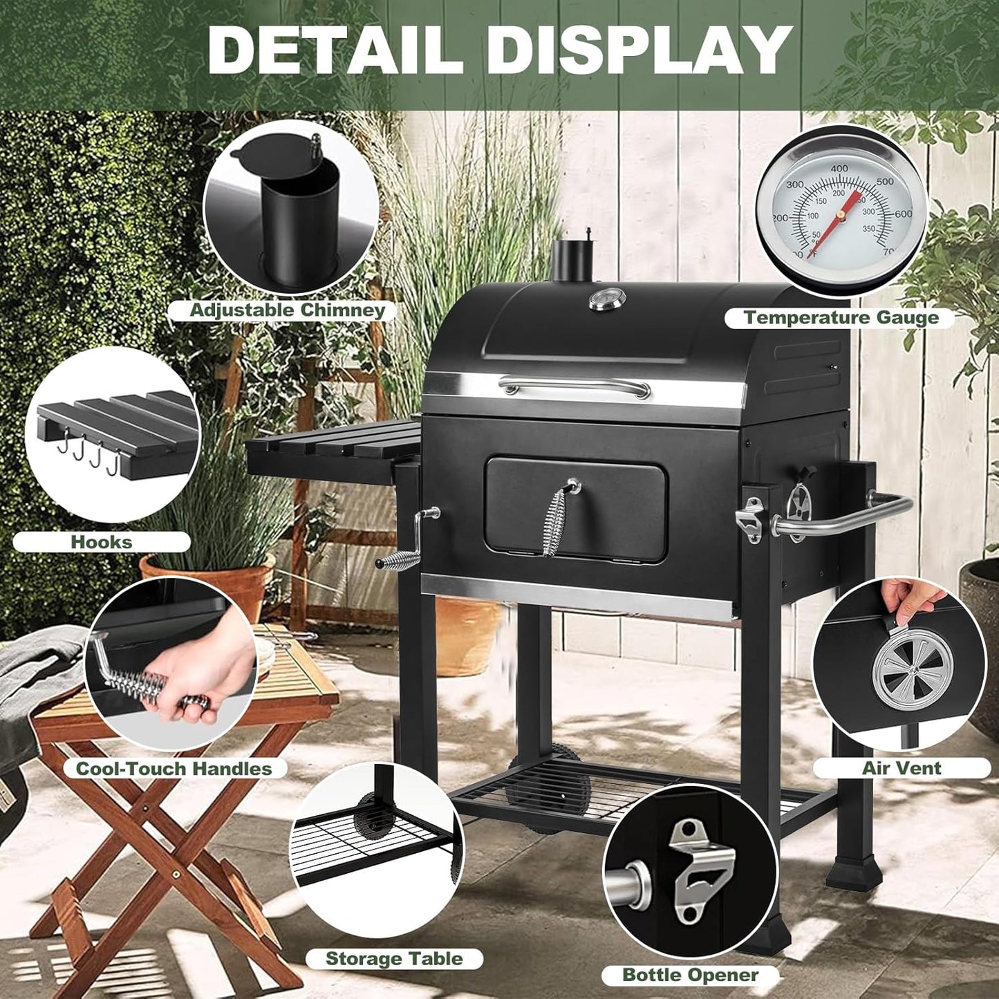Charcoal Grills, Large Outdoor BBQ Grill Offset Smoker with Side Table Heavy Duty Outside Barbecue Grills Cooking Backyard Patio (Enamel Grill Grate)